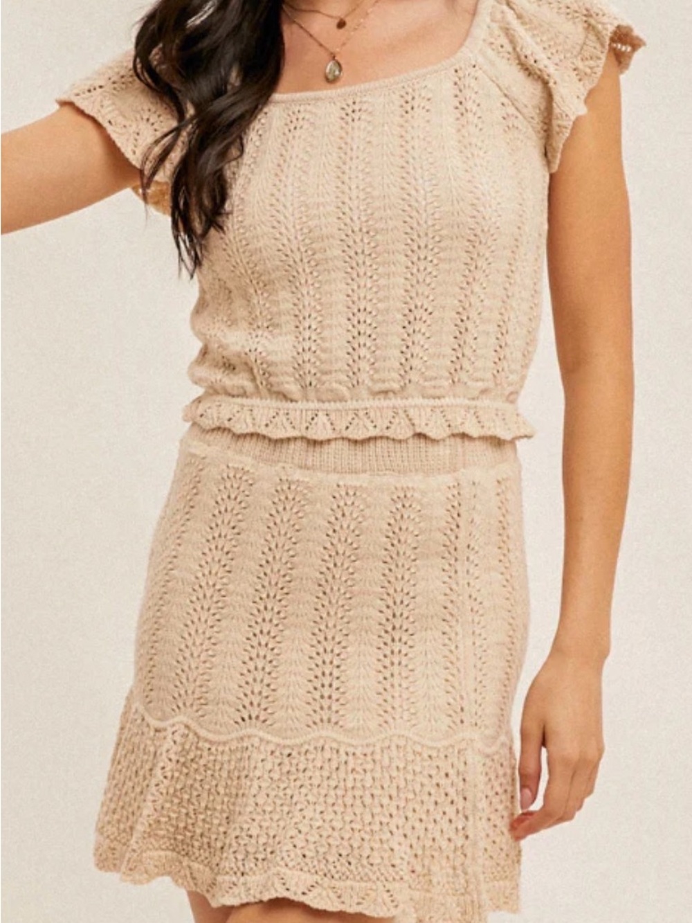 Beige Knit Two-Piece Skirt Set